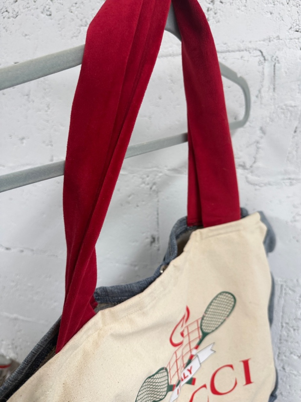 Gucci Upcycled Canvas Tote Red Straps Green Tennis Graphic - Denim Pockets - Picture 2 of 7